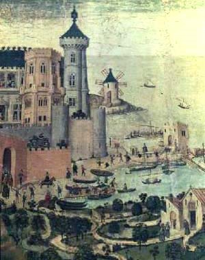 A painting of a port city of Majorca